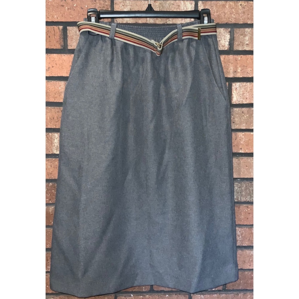 Vintage Classic Collection Gray Elastic Waist Midi Skirt with Striped Belt 10